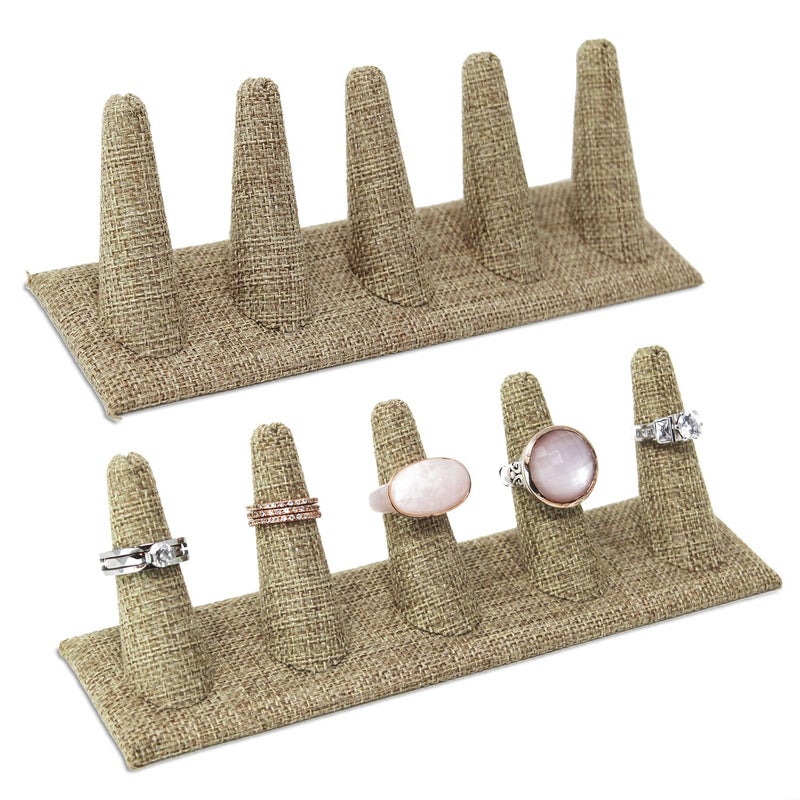 MOOCA 2 Pcs Set Ring Organizer for Showcase Display Drawer 5 Long Ring Storage Holder Jewelry Display Stands Showcase Jewelry Storage Counter, Burlap, 8 W x 2 1/8 D x 2 1/2 H in - Image 1